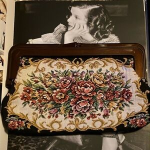 Vintage, floral needle point clutch.